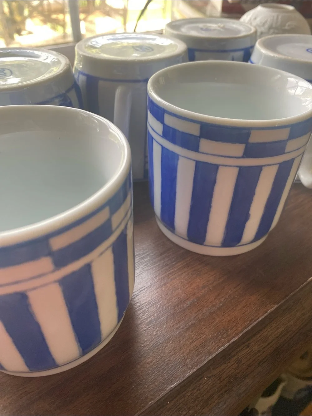 Set of 6 vintage IDG Williams Sonoma Blue and White Striped Ceramic Mugs